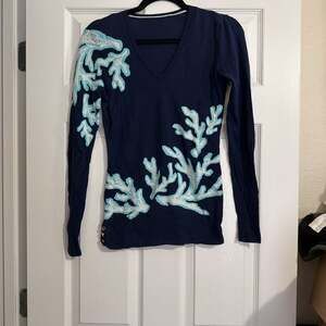 Lilly Pulitzer Ainsley Crew Neck Navy & Coral Jacquard Knit Sweater